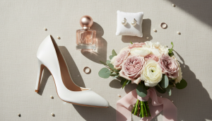 Acessórios de noiva sofisticados com sapato, perfume e joias