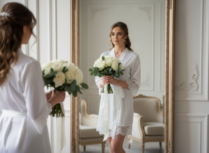 Noiva treinando como segurar o buquê antes do casamento