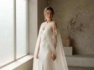 Noiva com capa removível delicada em tule sobre vestido de alças em ambiente clean.