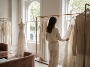 Noiva observando vestidos em atelier de luxo com atendimento personalizado e exclusivo.
