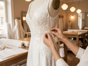 costureira realizando ajustes em vestido de noiva antes do casamento em atelier