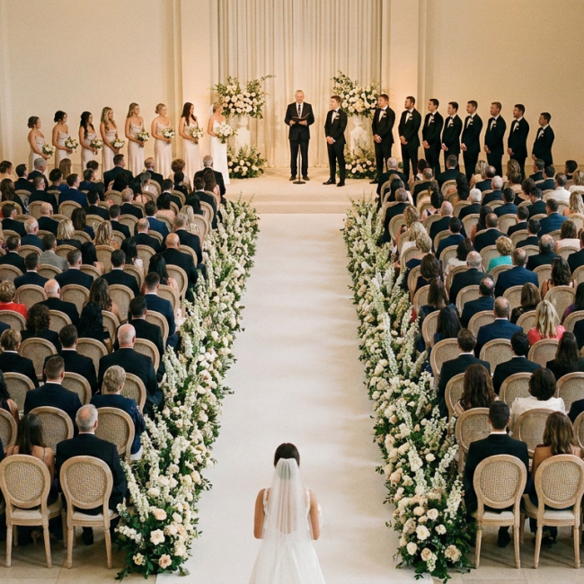 imagem de capa em plano geral do roteiro da cerimônia de casamento com corredor central e altar