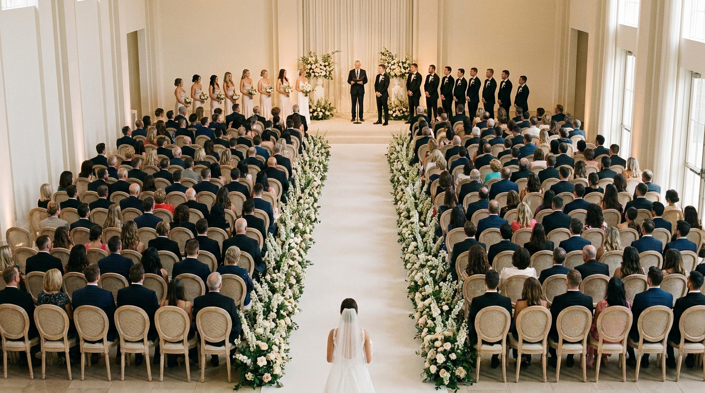 imagem de capa em plano geral do roteiro da cerimônia de casamento com corredor central e altar