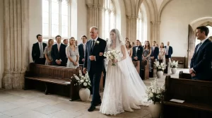 noiva entrando na cerimônia de casamento acompanhada pelo pai