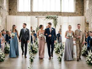 casais de padrinhos entrando na cerimônia de casamento com vestidos longos em paleta suave