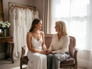 noiva sorridente escolhendo vestido de noiva acompanhada em atelier elegante
