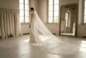 noiva usando longo véu de noiva catedral