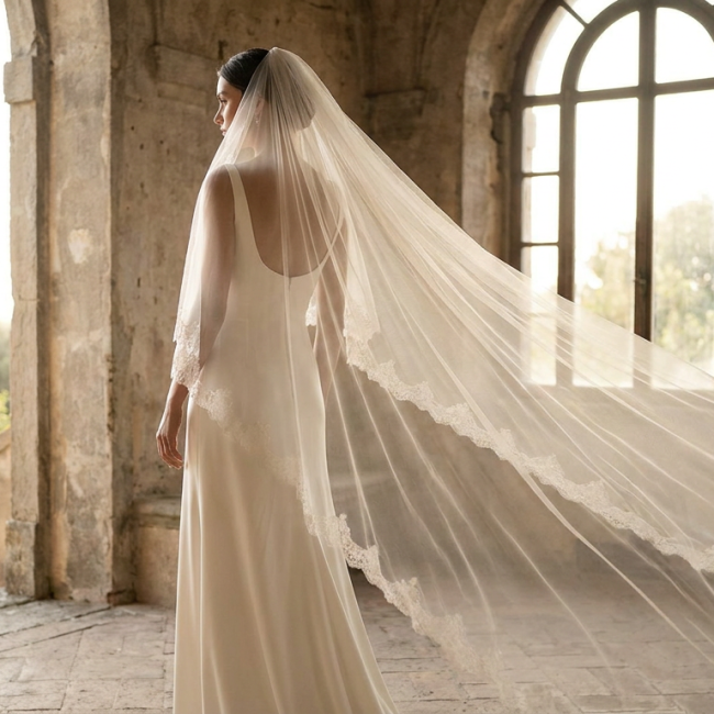 noiva elegante usando véu catedral em editorial de luxo