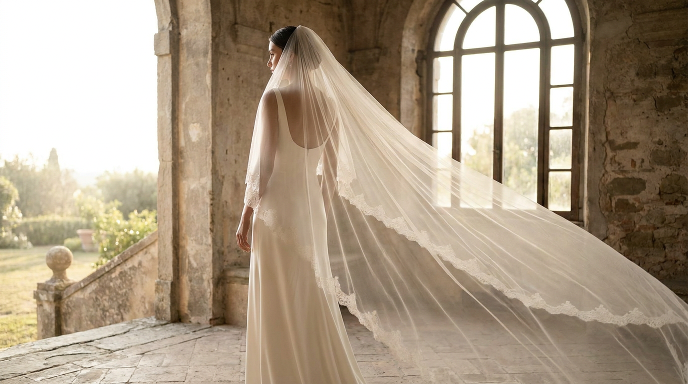 noiva elegante usando véu catedral em editorial de luxo