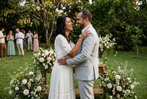 Casal de noivos em jardim florido durante casamento na primavera