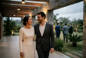 Noivos caminhando em espaço coberto durante casamento no inverno