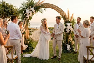 Casal em cerimônia de casamento ao ar livre durante o verão
