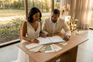 Noivos conferindo o planejamento para escolher a data do casamento