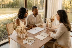 Casal reunido com profissional para planejar fornecedores e orçamento do casamento