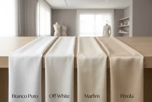 Tecidos nupciais nas nuances branco puro, off-white, marfim e pérola