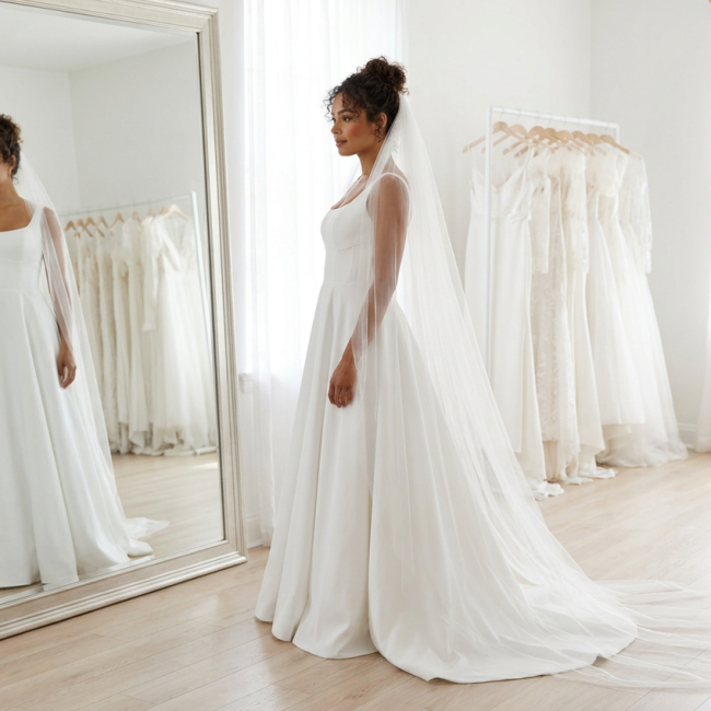 Noiva com vestido de noiva branco diante do espelho em atelier