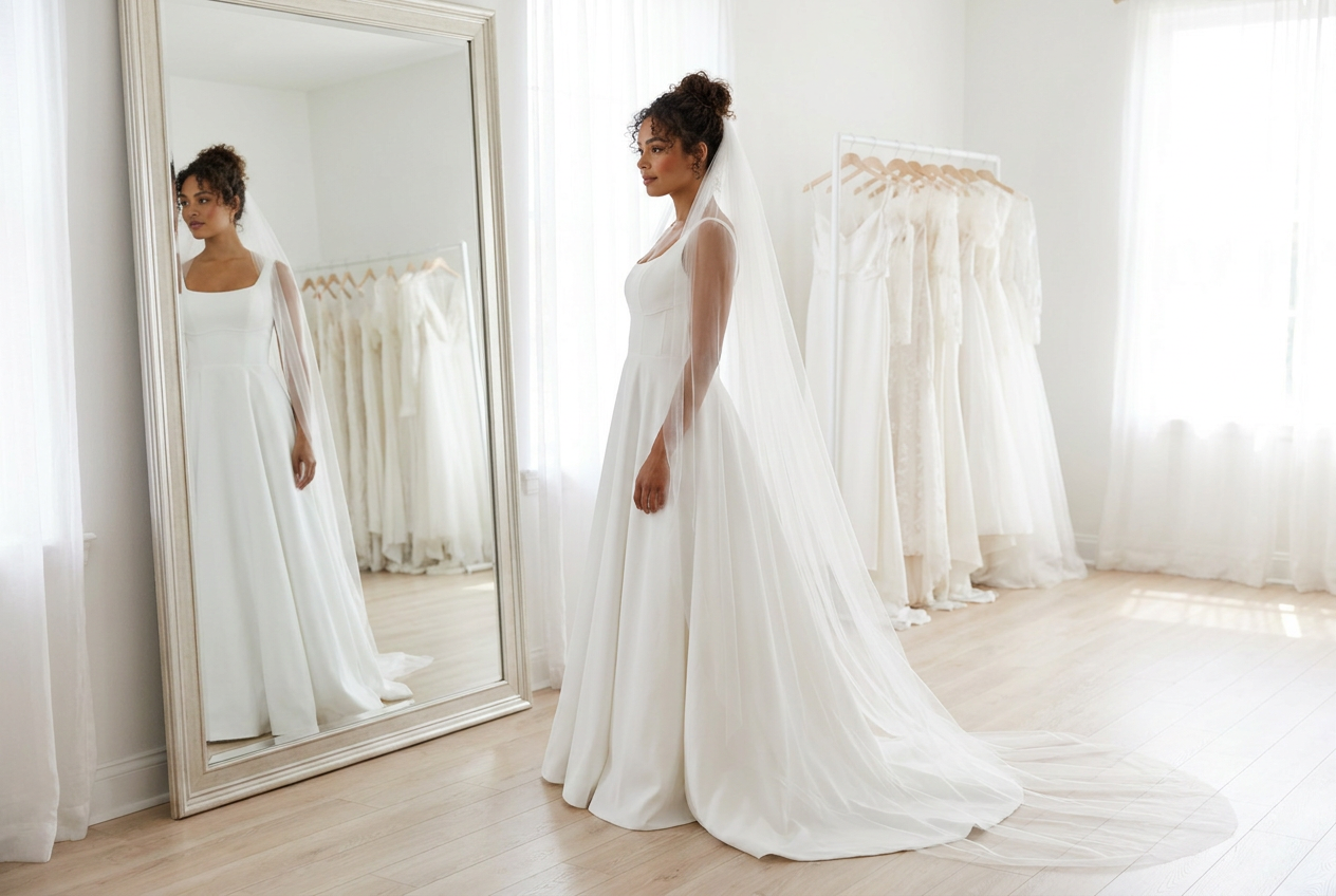 Noiva com vestido de noiva branco diante do espelho em atelier