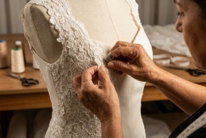 Costureira ajustando renda branca artesanal em vestido de noiva
