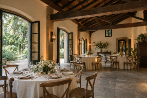 Mesa comprida preparada para um jantar intimista de casamento em varanda coberta