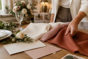 Amostras de tecidos e papéis em tons neutros e terracota para decoração de casamento