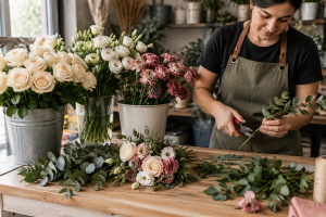 Florista prepara flores creme, brancas e rosa queimado para um casamento
