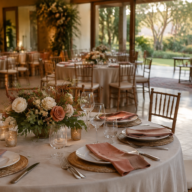 Mesa de casamento decorada em tons de off-white, terracota, rosa queimado e verde