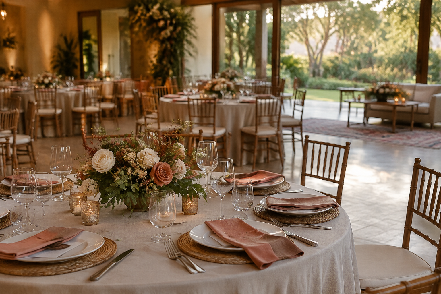 Mesa de casamento decorada em tons de off-white, terracota, rosa queimado e verde