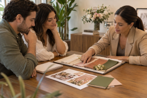 Casal e decoradora analisam referências e amostras para a decoração do casamento